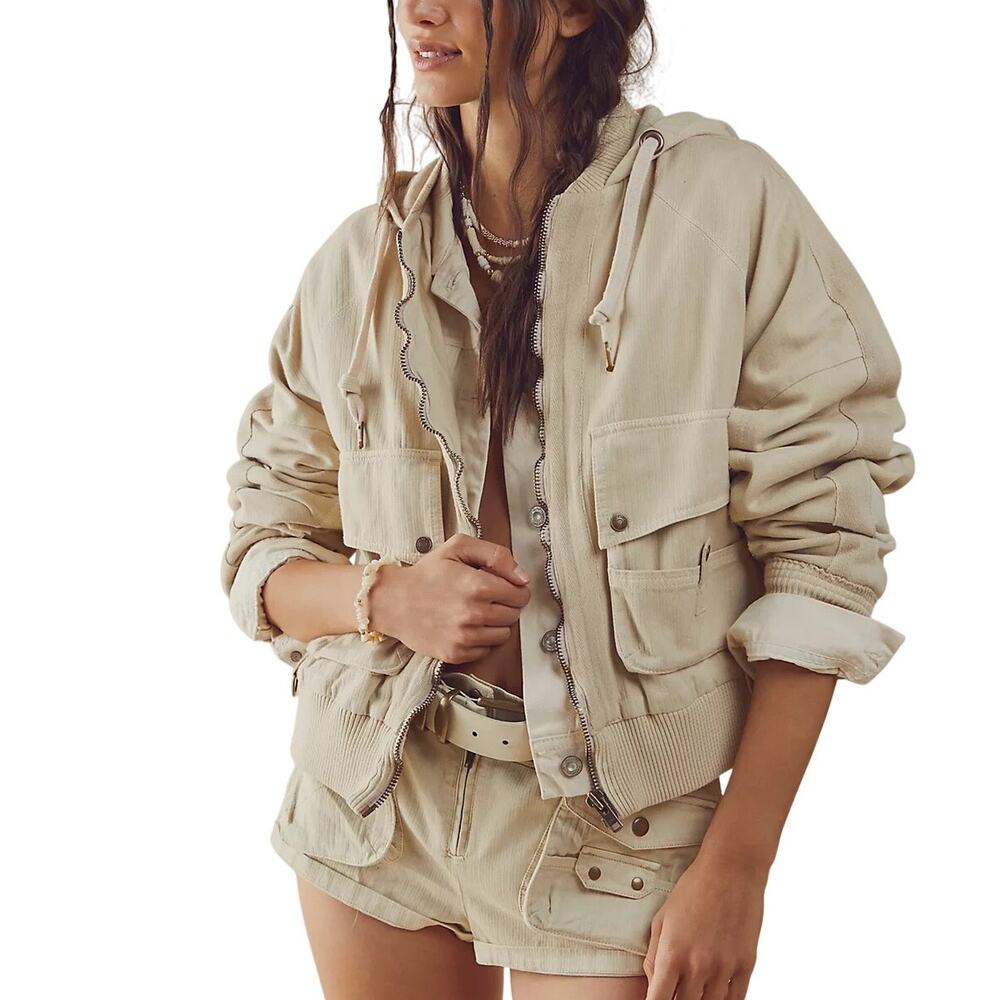 Free People Slouchy Beige Hooded Bomber Jacket Size XS